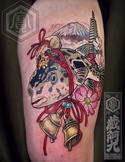 Japanese puffer fish thigh tattoo by Mathew Clarke