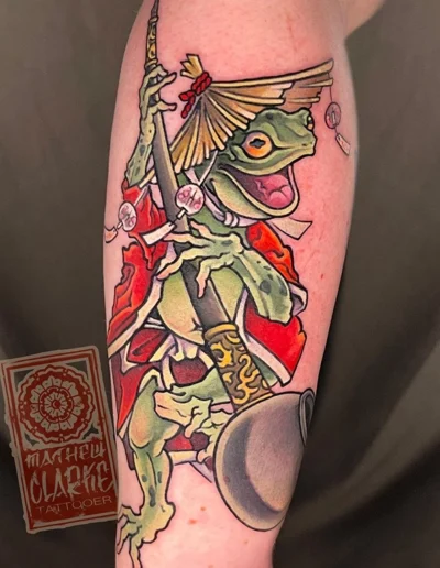 Dancing japanese frog tattoo by Mathew Clarke