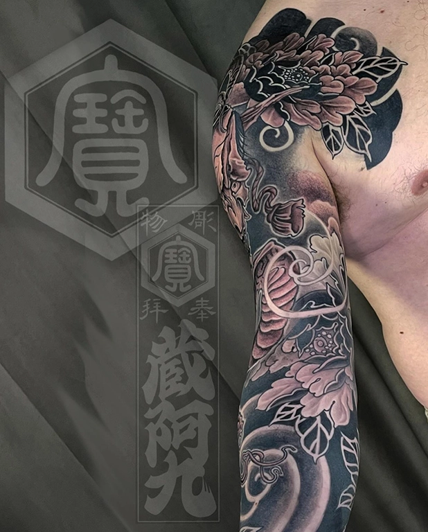 Japanese Hannya Mask & Floral Tattoo by Mathew Clarke