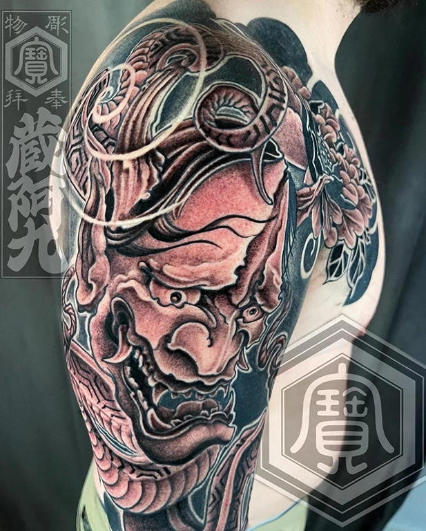 Japanese Hannya Mask & Floral Tattoo by Mathew Clarke