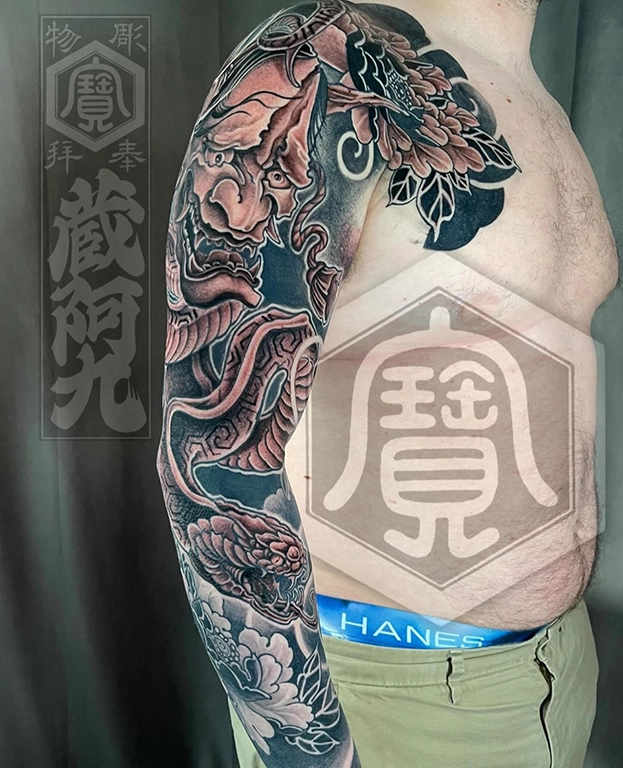 Japanese Hannya Mask & Floral Tattoo by Mathew Clarke