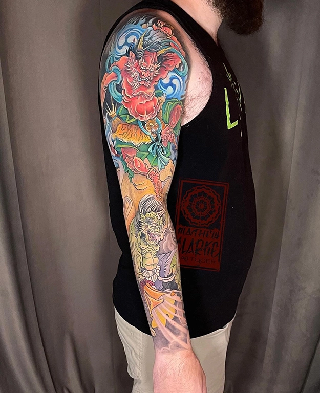 Japanese Mythical Dragon & Foo Dog Sleeve Tattoo Full Sleeve