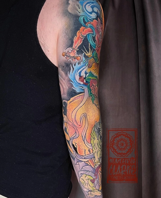 Japanese Mythical Dragon & Foo Dog Sleeve Tattoo close up back