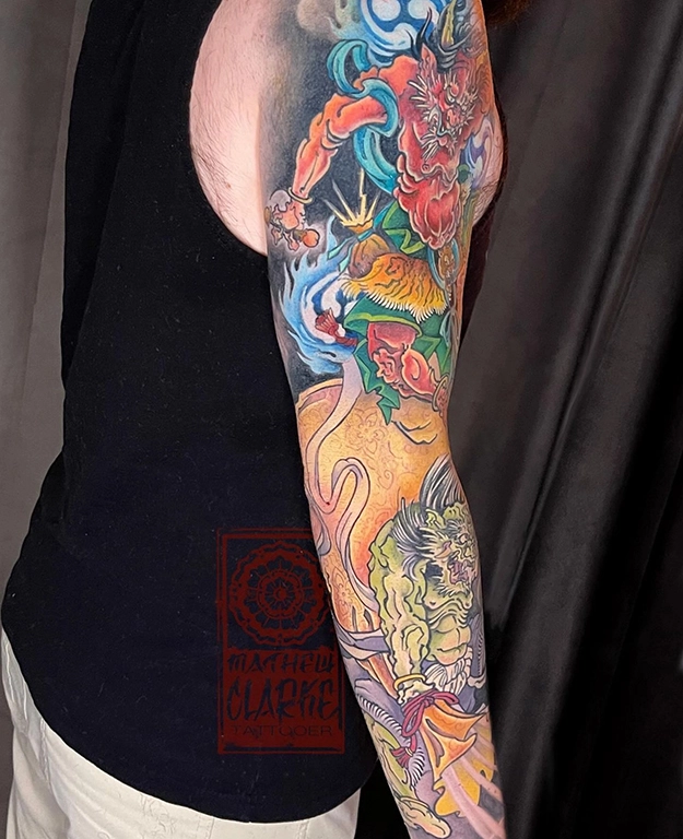 Japanese Mythical Dragon & Foo Dog Sleeve Tattoo full size