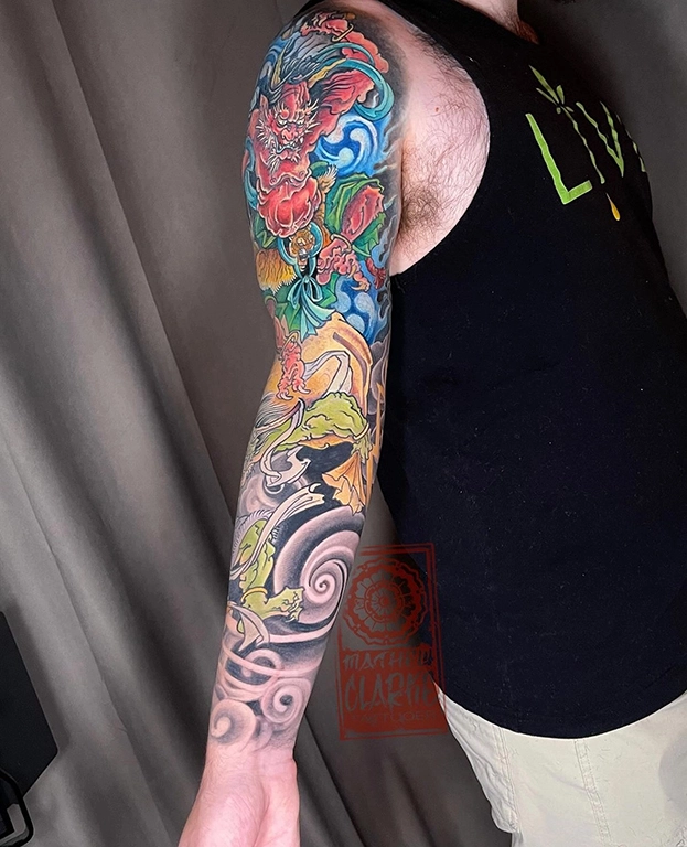 Japanese Mythical Dragon & Foo Dog Sleeve Tattoo full sleeve 2