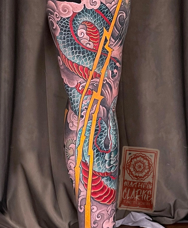 Tiger-Snake leg sleeve tattoo by Mathew Clarke