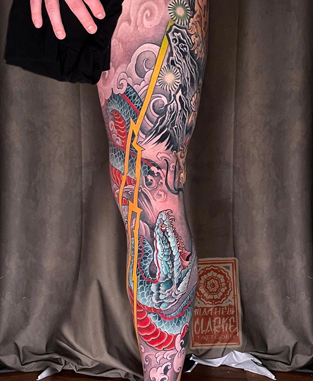 Tiger-Snake leg sleeve tattoo by Mathew Clarke
