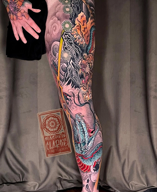 Tiger-Snake leg sleeve tattoo by Mathew Clarke