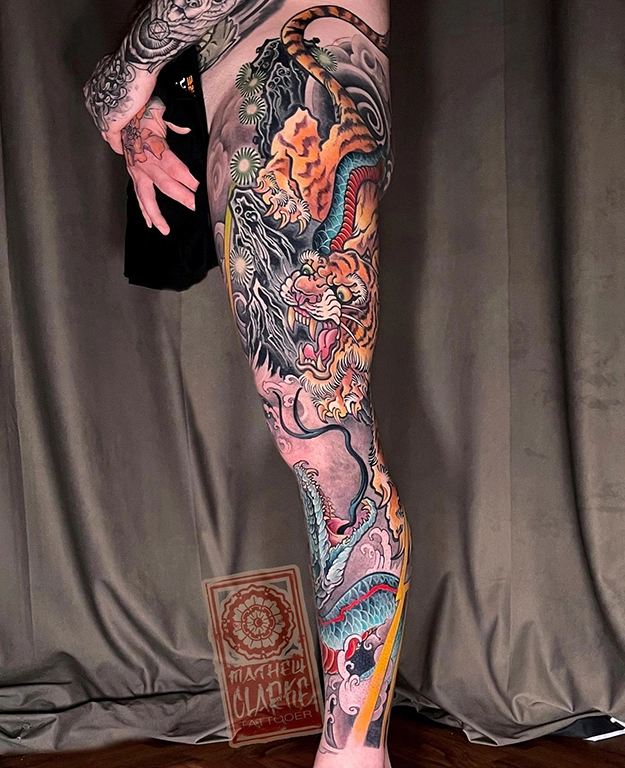 Tiger-Snake leg sleeve tattoo by Mathew Clarke